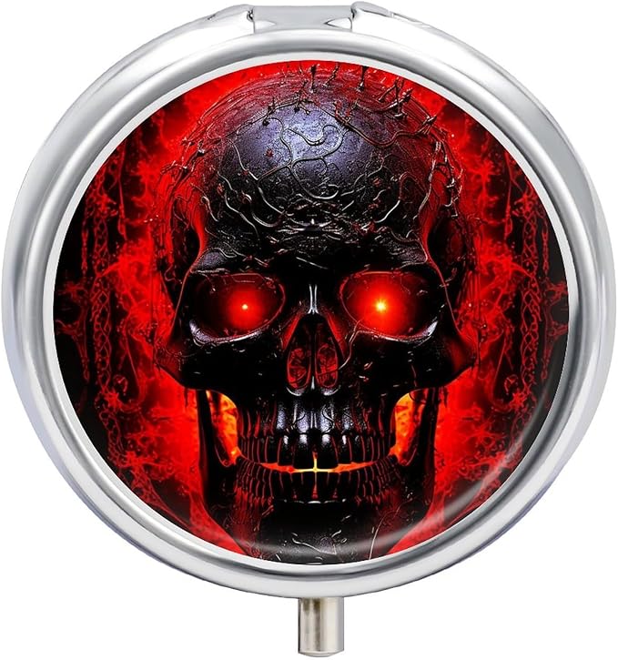 Pill Box Black and Red Skull Round Metal Pill Case with 3 Compartments Portable Mini Medicine Drug Holder Travel Medicine Tablet Vitamin Holder Organizer