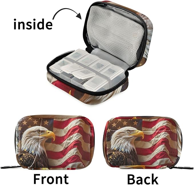 Pfrewn Patriotic Pill Organizer Case American Bald Eagle American Flag Travel Pill Box with Zipper 7 Day Portable Small Weekly Vitamin Medicine Supplement Holder Pouch Bag