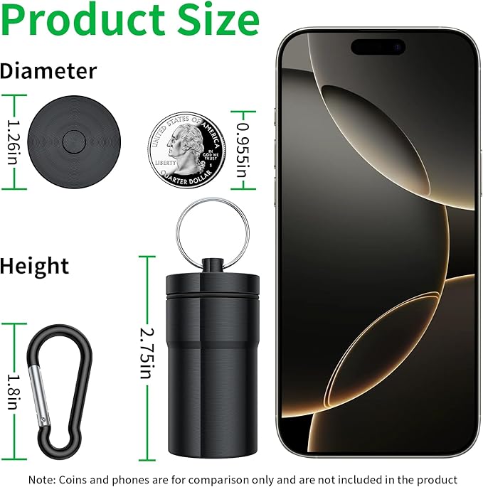 Portable Pill Case Keychain (2 Pack), Large Waterproof Aluminum Pill Box for Round Glucose Tablets & Critical Medicine, Small Pill Holder Travel Pill Container Bottle with Carabiners