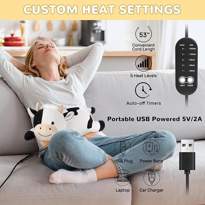 Cow Heating Pad for Period Cramps Menstrual Pain Relief, Portable Electric Heat Pads USB Powered, Cute Stuff Cow Plush Heated Stuffed Animals Gift, Gifts for Women Teen Girls Birthday Christmas Easter