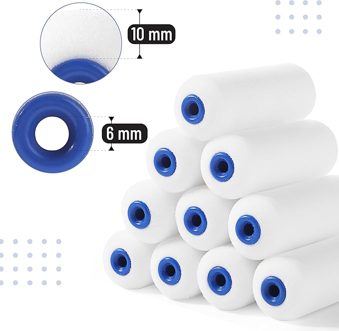 Bates- 4 Inch Foam Paint Roller Set, 12 pcs, Small Paint Roller Kit Includes 1 x Plastic Paint Tray, 1 x Roller Frame & 10 x White Foam Covers