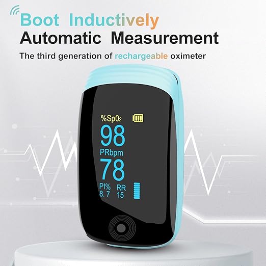 Fingertip Pulse Oximeter, Ox with Respiration Rate Monitoring, Heart Rate, PI & RR Measurements, Fast Spo2 Reading Rechargeable Blood Oxygen Monitor with OLED Display, 6 View Modes & 4-Direction Rotation(Blue）