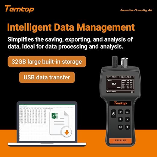 Temtop Handheld Particle Counter 0.3µm 0.5µm 1.0µm – Air Quality Monitor for PM2.5 PM10 TSP, Temperature & Humidity, 32GB Data Logger, USB Export, Rechargeable Battery, Indoor Air Quality Tester