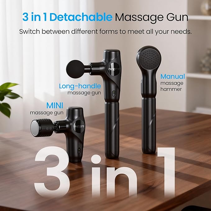 NAPRE 3-in-1 Mini Massage Gun with Heat and Cold,Deep Tissue Back Massage with Detachable Handle for Neck/Body Pain Relief,Portable Handheld Percussion Muscle Massager,Small & Quiet,5 Heads,with Case