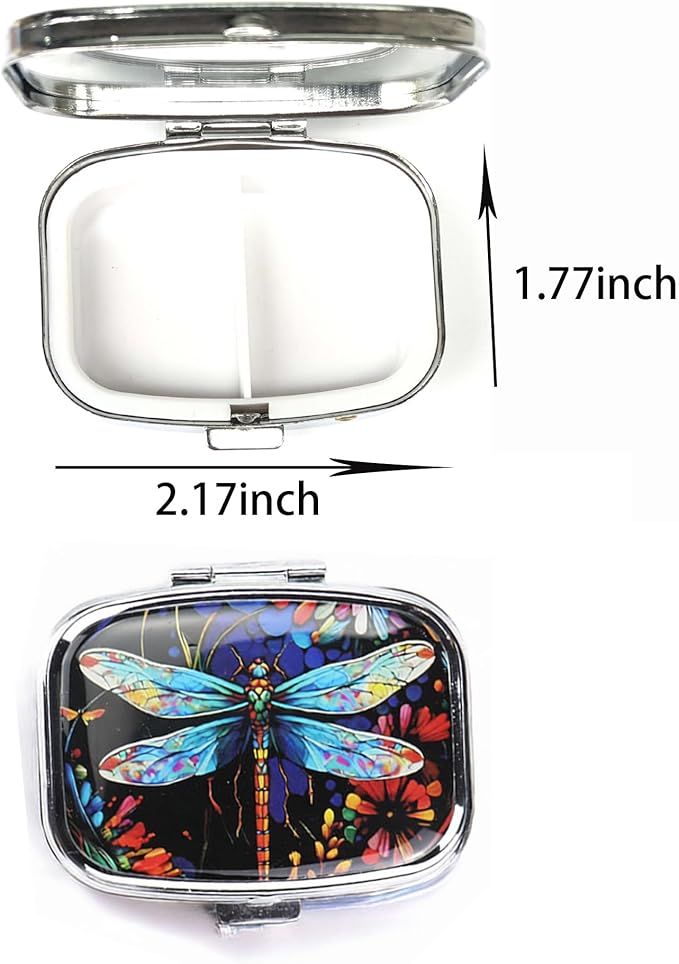 WATASSA Pill Box with Animal Style Mirror All-in-One 2-Compartment Portable Medicine Organizer, Marble Pattern Travel Pill Case for Vitamins&Daily Medication(Fits Pocket/Purse) (Jewel-toned Dragonfly)