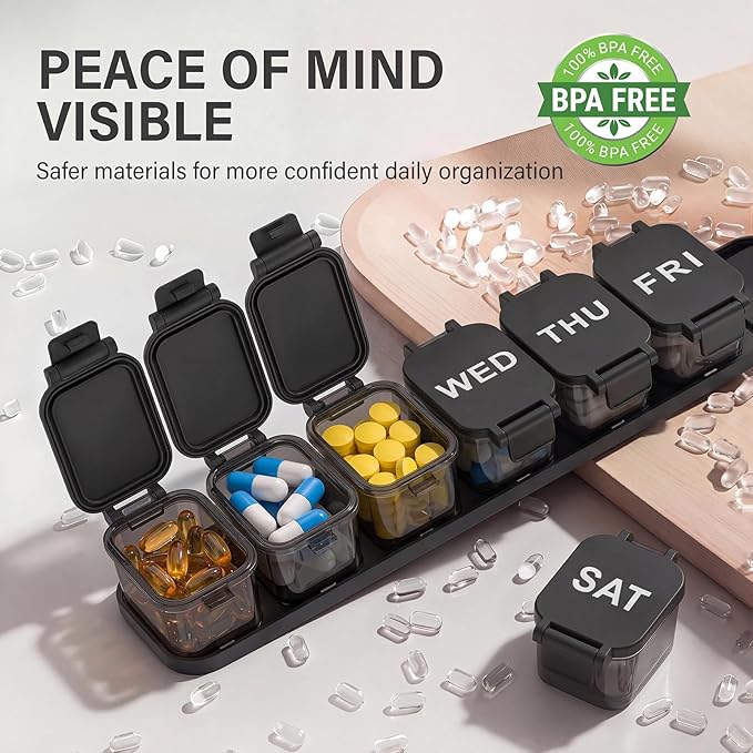 Extra Large Weekly Pill Organizer - Waterproof 7-Day Pill Box, Portable Vitamin & Supplement Case, Easy to Open Design, Ideal for Travel and Daily Medication Management,Black