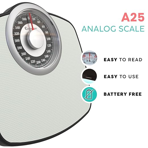 Adamson A25 Scales for Body Weight - Up to 400 LB - 5.3" Dial on 13.77" x 14.17" Platform - Anti-Skid Rubber Surface - High Precision Bathroom Scale Analog - Durable with 20-Year Assurance - Grey