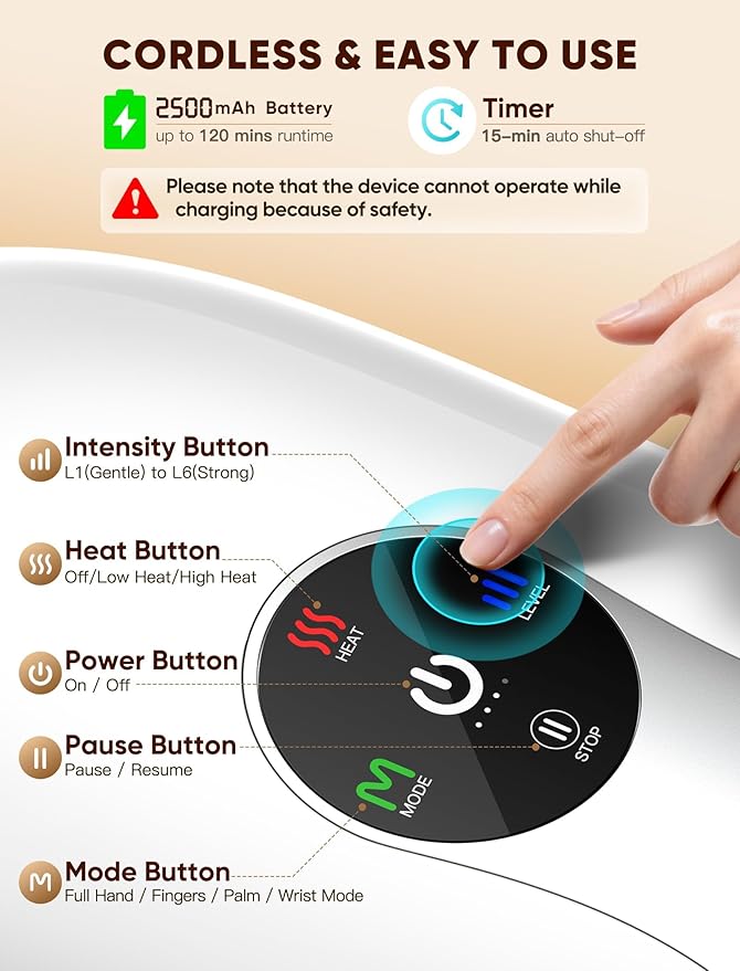 Hand Massager with Heat and Compression : Cordless Heated Hand and Wrist Massager for Palm, Fingers, and Comfort Relief – 4 Modes 6 Intensities, Portable Rechargeable, Wife Husband (White)