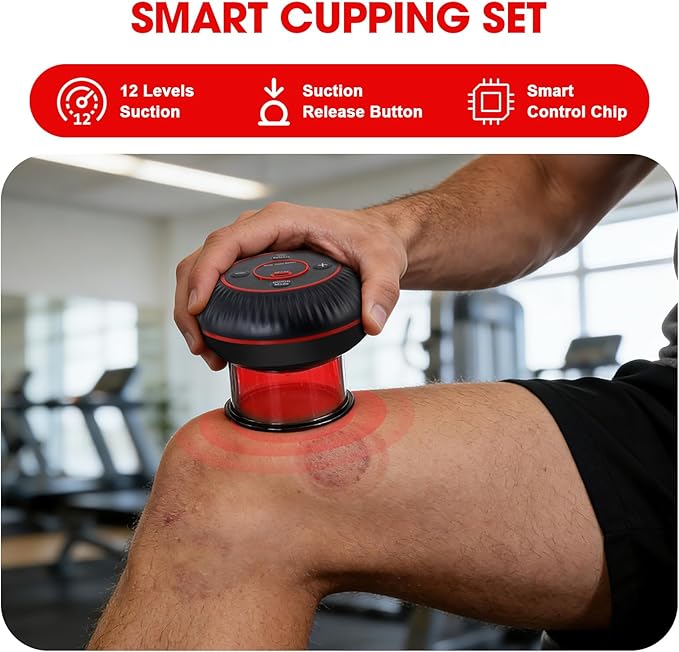 Electric Smart Cupping Set - 4 in 1 Cupping Kit for Massage Therapy, 12 Levels of Suction Strength and Red Light for Targeted Pain Relief, Great Gift for Parents, Friends