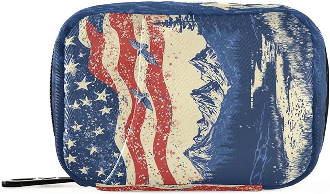 July 4th Flags Mountains Blue Travel Pill Organizer Case Box Container Weekly Portable Vitamin Medicine Holder Storage Bag with Zipper Removable