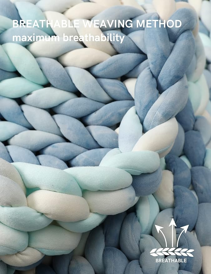YnM Weighted Blanket, Handmade Chunky Knitted Design, Soft and Cozy, Temperature Regulating and Breathable, Machine Washable Throw for Sleep or Home Decor (Light Blue Tie-Dyed, 60x80 Inch, 20lbs)
