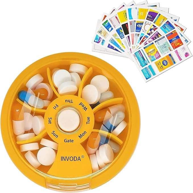 INVODA Weekly Pill Organizer with 77 Pre-Cut Medication Labels – 7 Compartment Rotating Medicine Box Daily Pill Case for Vitamins, Fish Oil & Prescriptions – BPA-Free Plastic – Compact Travel Size