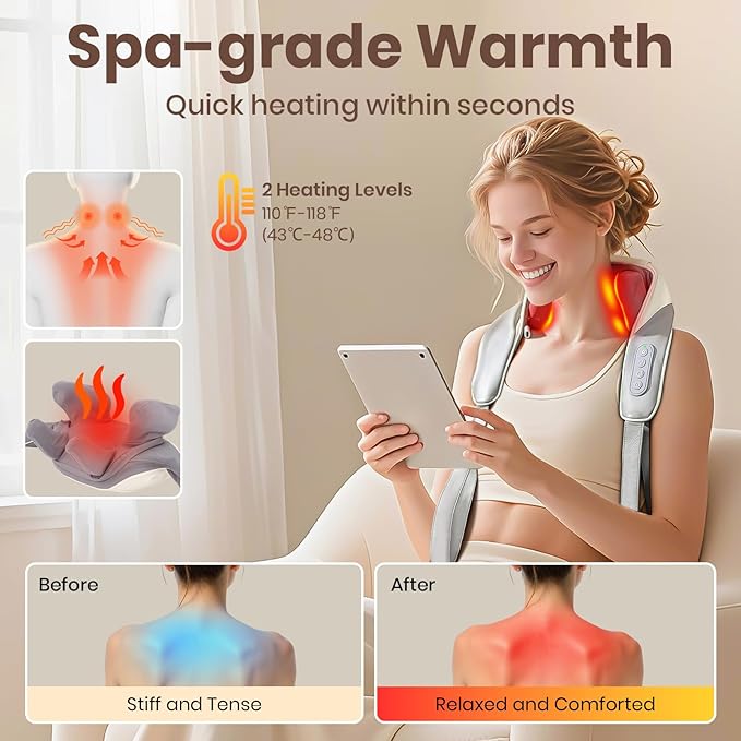 Neck and Shoulder Massager, 6D Neck Massager for Pain Relief Deep Tissue, Brushless Neck Massager with Heat, 10 Mins Auto-Off, 2 Modes & 3 Speeds, Ideal Gift for Friends Family Lover
