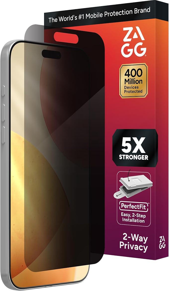 ZAGG Glass Elite Privacy Screen Protector for iPhone 17 Pro Max - 5X Stronger Tempered Glass, ClearPrint Technology for Smudge Free Clarity, Smooth Feel, Full Coverage, InvisibleShield, Easy Two-Step Installation