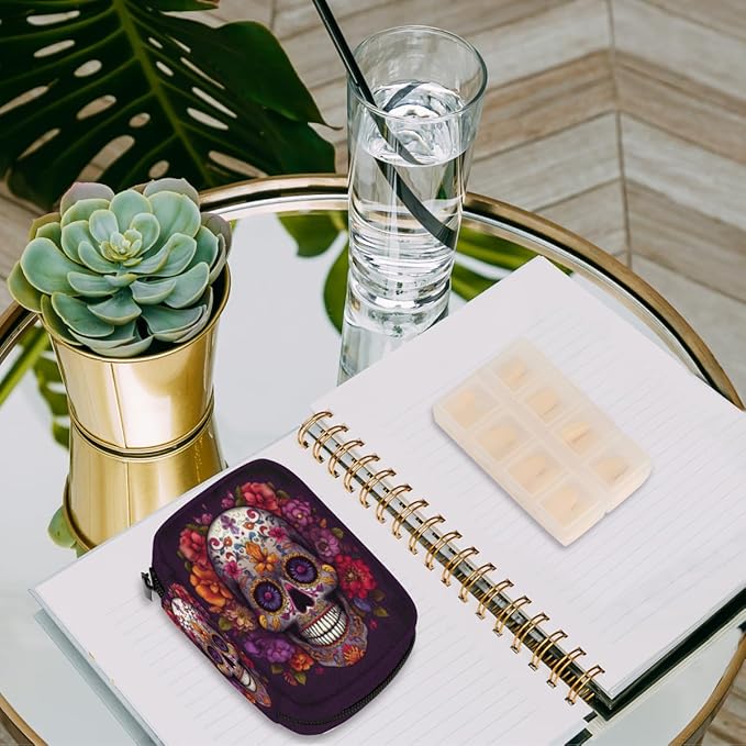 Flower Skull Mexican Gothin Pill Box Small Pill Travel Organizer 7 Day Weekly Medicine Pill Case Cute Compact Size Vitamin Container Pill Bottle Portable Pill Holder Bag with Zipper
