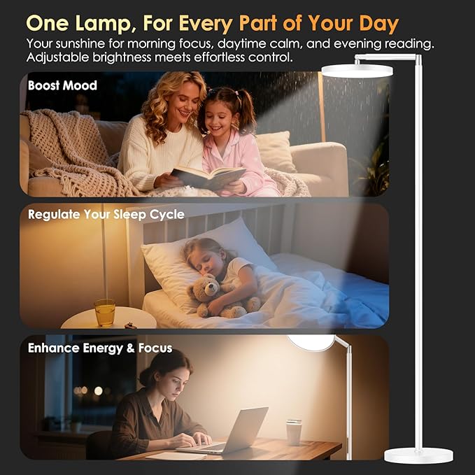 Sun Lamp for Happy 12000 Lux, Sunlight Lamp Full Spectrum, Sun Light lamp with 10 Brightness Levels 5 Color Modes, Adjustable Height, Remote & Timer for Reading, Office
