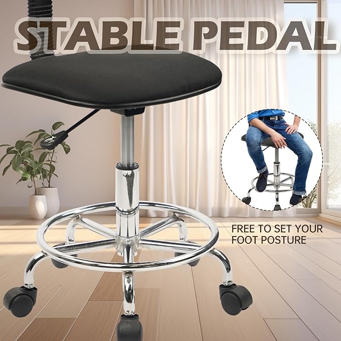 Low Wide Rolling Swivel Stool with Backrest, Adjustable Height Salon Chair Stools with Footrest for Spa Tattoo Office Desk Massage Task Lash Barber Facial, Black 2PK