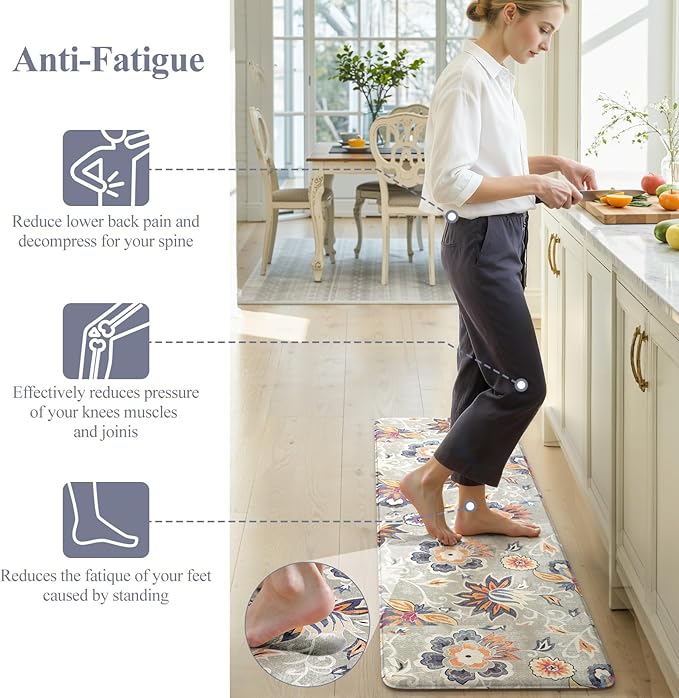 LEEVAN Anti Fatigue Mats for Kitchen Floor 2 Piece,Cushioned Memory Foam Blue Gray Kitchen Mats for Floor,Comfort Floral Boho Non Slip Kitchen Floor Mat for Sink,Laundry(17.3''x29''+17.3''x59'')