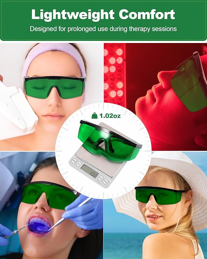 LIGHTMEUP Red Light Therapy Glasses Eye Protection for Infrared & LED Sessions Deep Green Goggles with 200-2000nm Harmful Wavelength Blocking, Maintain Visibility Full-Coverage Adjustable Leg