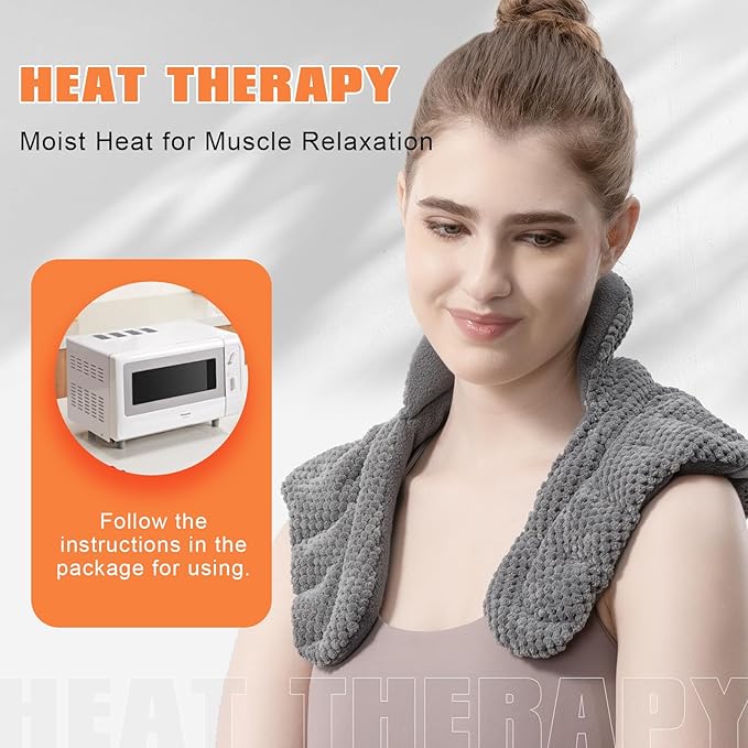 Microwave Heating Pad for Neck, Shoulders Back Pain Relief | Large Moist Weighted Cordless Heat Pad | Heated Neck Wrap for Targeting Stress, Tension Relief and Relaxation Grey