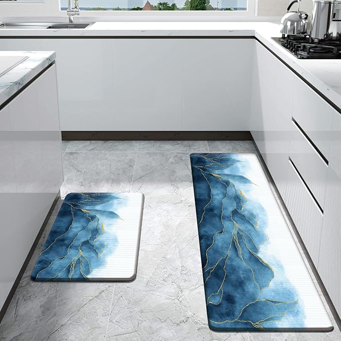 Bulijojo Anti Fatigue Kitchen Floor Mats Set of 2 Waterproof Kitchen Sink Runner Rug Standing Mat Cushioned Kitchen Rugs Comfort Doormat 17"x47"+17"x28" (Navy Blue)