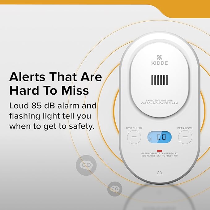 Kidde Carbon Monoxide + Explosive Gas, Natural Gas & Propane Alarm, Plug-in with AA Battery Backup, Digital Backlit Display, 85 dB Alarm, Rotating Plug, LED Status Indicators, 5th Edition, COPDLG