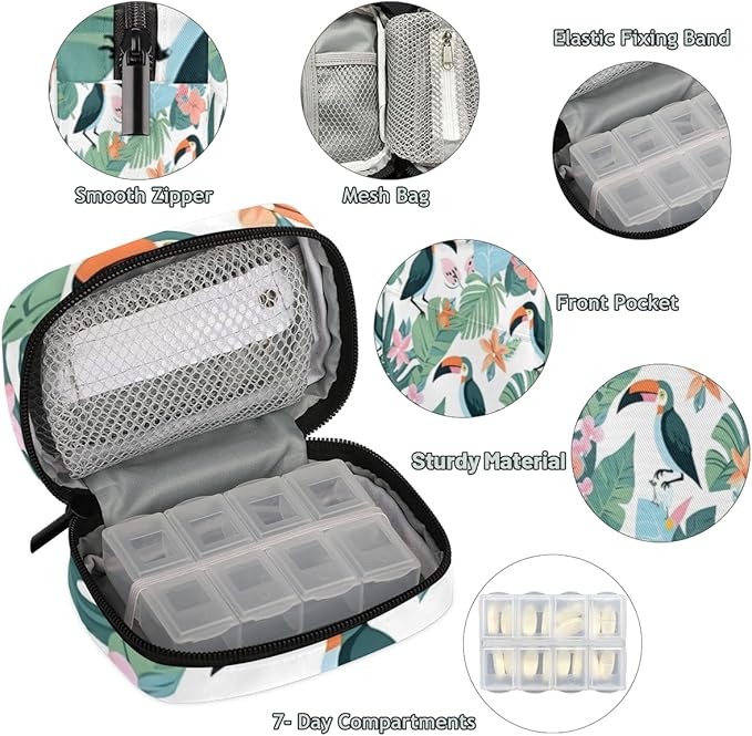 Tropical Toucan Birds Travel Pill Organizer Bag Portable Weekly Pill Box Travel Medicine Organizer 7 Day Pill Case with Zipper for Daily Travel Family Business