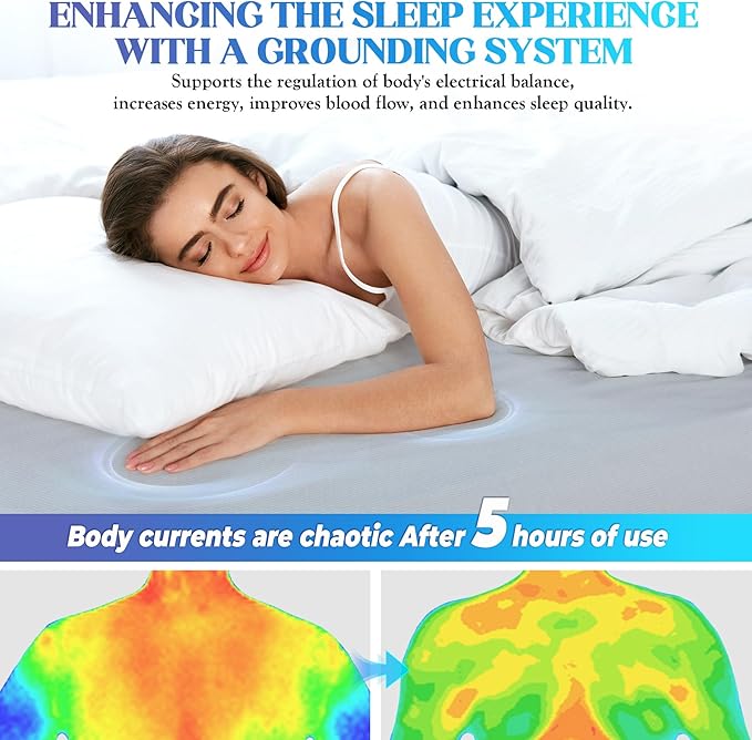 Calmbee Grounding Sheets Queen Size, 10% Pure Silver Fiber + 90% Organic Cotton, Grounding Sheet Earth Connected Bedding (Queen - 60"x 80"x 13" Gray) Fitted Earth Sheets with Grounding Cord