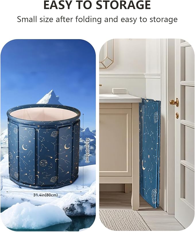 Portable Bathtub for Adults, Collapsible Freestanding Bathtub for Shower, Hot Ice Bath Tubs with Thickened Thermal Foam to Keep Temperature, PVC Outdoor Soaking Tub (Planet Blue)