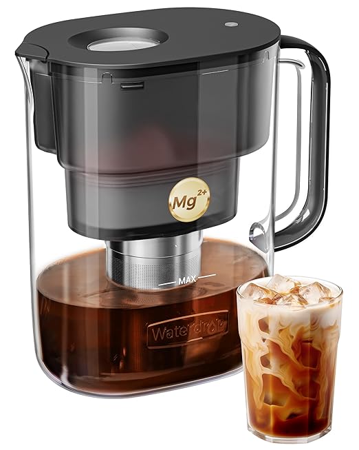 Waterdrop Cold Brew Coffee Maker with 1 Magnesium Water Filter for Well-Balanced Acidity, Unlocks Aroma, BPA-Free Cold Brew Pitcher, Stainless Steel Filter for Iced Coffee, Tea, Lemonade, Black