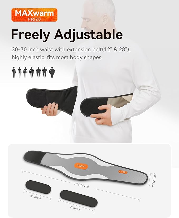 Portable Heating Pad for Back & Period Cramps, MAXwarm 2.0, Cordless Lower Back & Menstrual Heated Pad with Massager for Pain Relief, Wearable Heat Belt, Extra Large 70" (Grey)