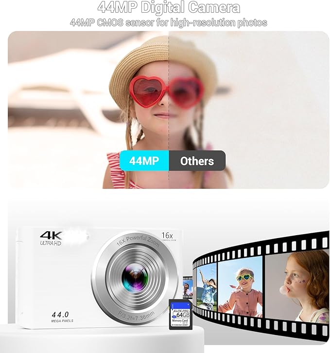 Digital Camera 4K, Autofocus Digital Compact Digital Camera,16X Digital Zoom Upgraded Travel Camera with 64GB SD Card,2 Batteries,Small Camera for Teens Kids Boys Girls,White