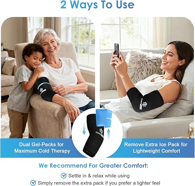 ComfiTECH Dual-Gel Elbow Ice Pack Wrap with Extended 30-Minute Cooling, Detachable Ice Pack & Flexible Reusable Gel Ice Sleeve for Tennis Elbow, Golfer Arm, Muscle Relaxation, Medium, 2 Packs