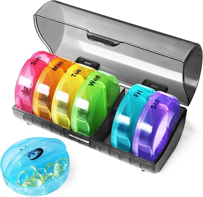 MOLN HYMY Portable Pill Organizer 2 Times a Day, Travel Friendly 7 Day Medicine Pill Box with Large AM PM Compartments for Medications/Vitamins/Fish Oil/Supplements (Rainbow+Black Case)