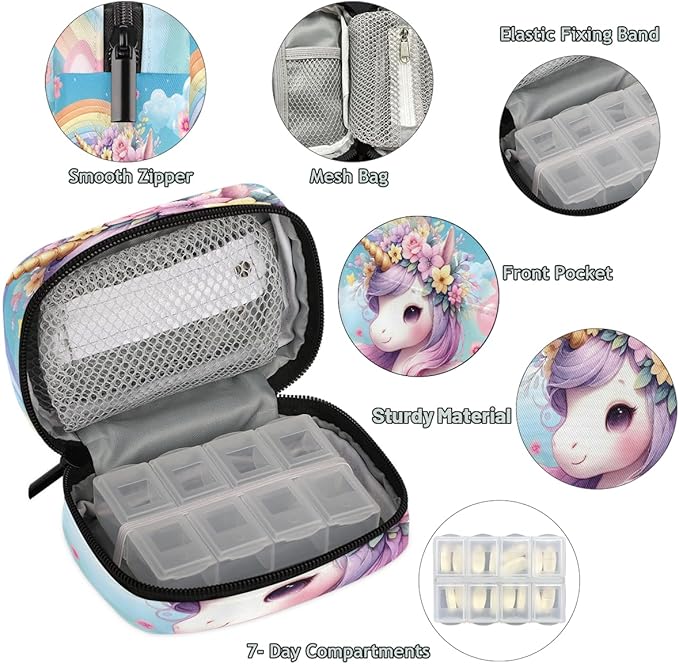Animal Unicorn Rainbow Travel Pill Organizer Box Weekly Portable Pill Case Daily Pills 7 Day Small Birth Control Pills Container Removable Compartments for Medicine Vitamins Fish Oil