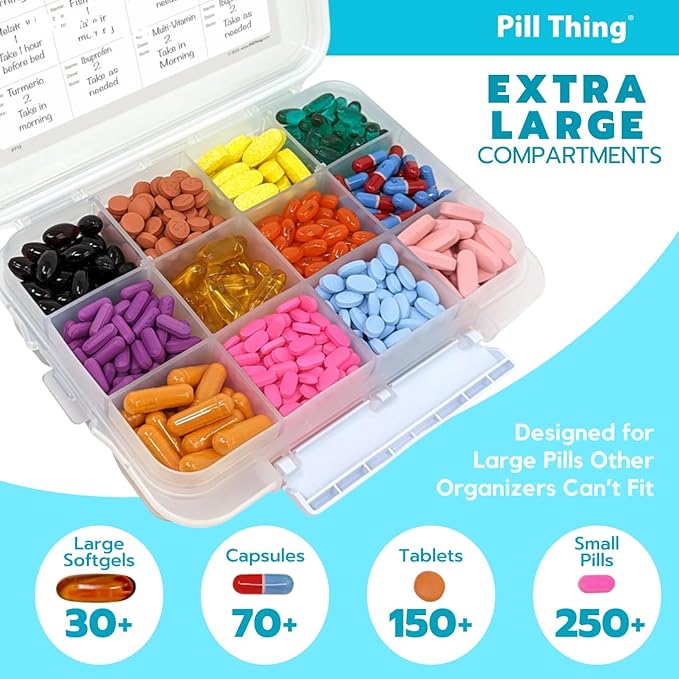 2-Pack Large Pill Organizer – Black + Clear | 12-Compartment Weekly Pill Box Case with Removable Dividers, Waterproof, Travel-Friendly (Combo Pack - 1 Black & 1 Clear)