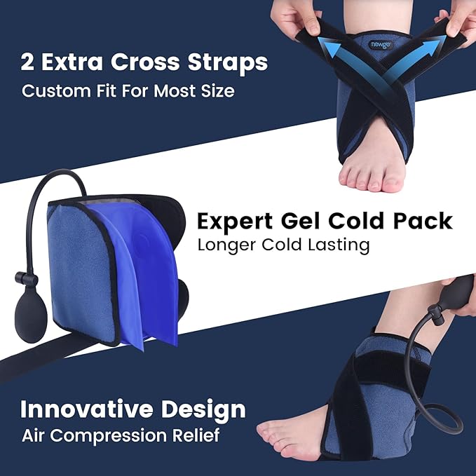 NEWGO Ankle Ice Pack Wrap with Air Pump, Compression Ankle Brace for cold compress, Reusable Hot & Cold Therapy Gel Wrap for Sprains, Heel Pain, Adjustable for Swelling Relief