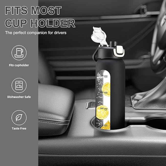 32 oz Glass Water Bottles with 2 Lids-Handle Spout Lid & Straw Lid, 1 Liter Motivational Borosilicate Water Bottle with Time Marker and Silicone Sleeve,Leakproof-Black-1 Pack