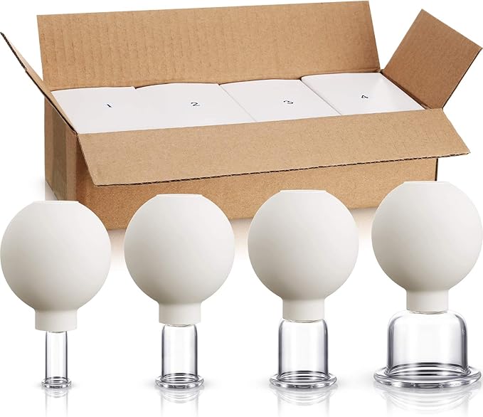 BBTO 4 Pieces Glass Cupping Set Glass Silicone Cupping Cups Massage Vacuum Suction Cupping Cups for Body Face Leg Arm Back Shoulder Muscle and Joint Pain (White)