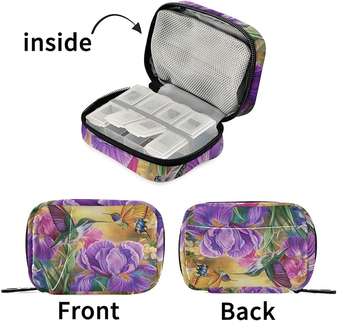 Travel Pill Case Spring Hummingbird Flower Weekly Small Pill Box 7 Day Pill Box Pill Organizer Bag