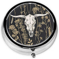 Metal Pill Organizer - 3-Compartment Mini Round Pill Case for Pocket & Purse, Portable Vitamin Holder, Easy-Open Design for Travel - Western Cow Skull Bones
