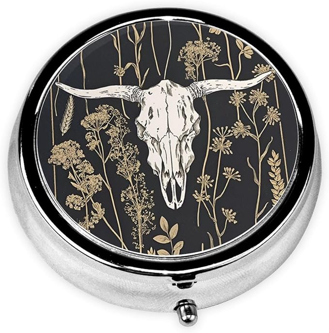 Metal Pill Organizer - 3-Compartment Mini Round Pill Case for Pocket & Purse, Portable Vitamin Holder, Easy-Open Design for Travel - Western Cow Skull Bones