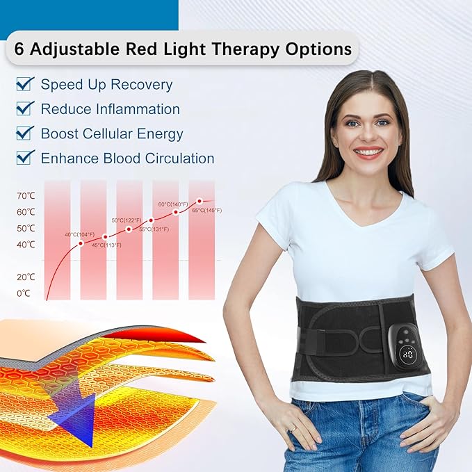 Lower Back Massager Belt with Red Light Heating Therapy, Cordless Heating Pad for Back, Rechargeable 5000 mAh Battery, Heated Back Brace Warmer Belt for Back Pain Relief,M