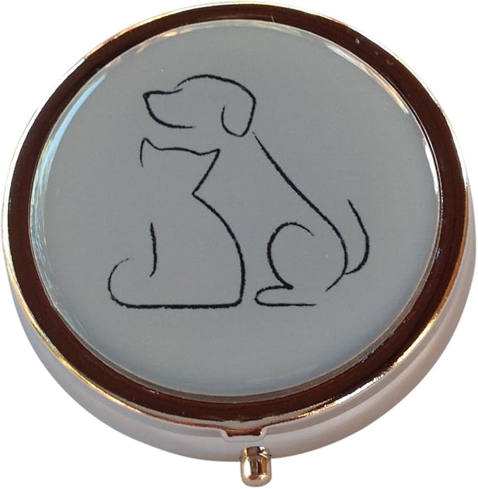 Dog and Cat Round 3-Compartment Chrome Pill Box – Metal Travel Medicine Organizer for Pills, Vitamins, and Small Items – Durable Compact Pill Case