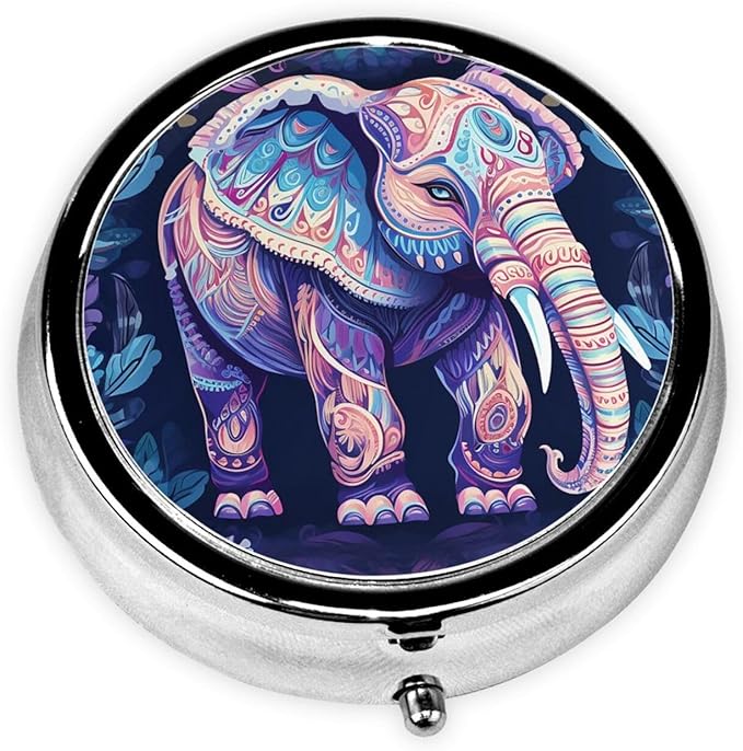 Purple Elephant Print Pill Box 3 Compartment Small Pill Case Portable Pill Box for Pocket Or Purse Cute Medicine Organizer Holder to Hold Vitamins Medication