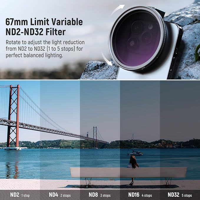 NEEWER 67mm Clip On Variable ND Filter Kit with Cold Shoe Phone Clip, Adjustable ND2-32 Filter Compatible with iPhone 17 16 15 Pro Max Plus Android Samsung Galaxy S24 S25 Ultra