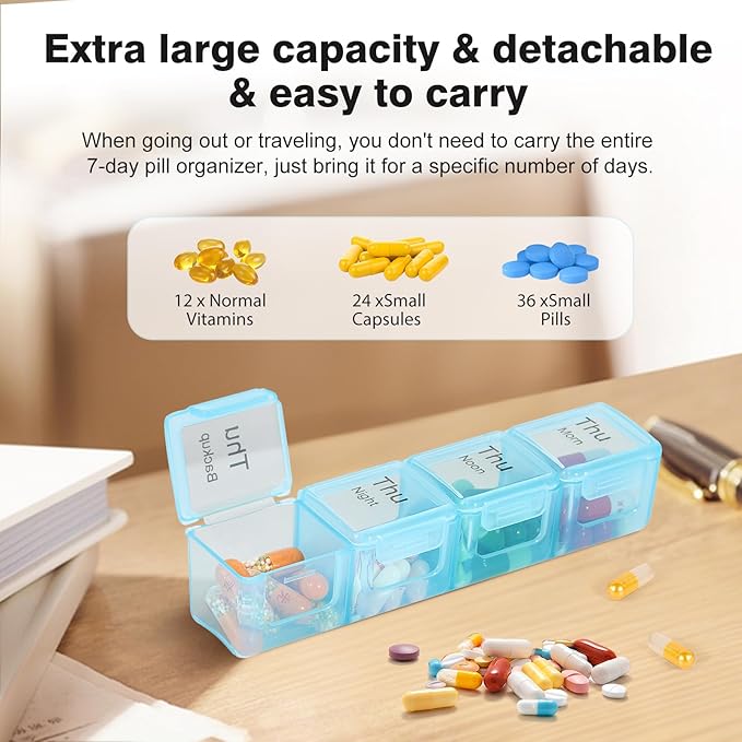 Large Weekly Pill Organizer, 4 Times a Day, 7-Day Moisture-Proof Pill Box with 28 compartments, Capable of Accommodating Large Amounts of Vitamins, Supplements, Fish Oil, and Medicine (White)