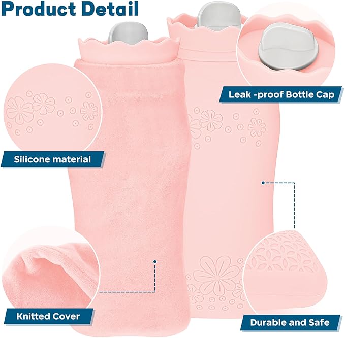 Silicone Hot Water Bottle with Cover - 650ml Hot Water Bag for Hot & Cold Therapies, Microwaveable Leakproof Hot Water Bottle for Keeping Hand Feet Warm - Gift for Kids Adults Elderly in Winter(Pink)