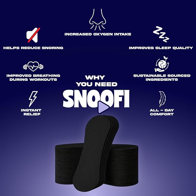 Snoofi Premium Nose Strips, Lavender Scented, for Breathing and Snoring, Black Nose Strips, Helps Stop Snoring, Opens Nasal Passages, Increase Oxygen Intake, Hypoallergenic Adhesive, Snoring Solution