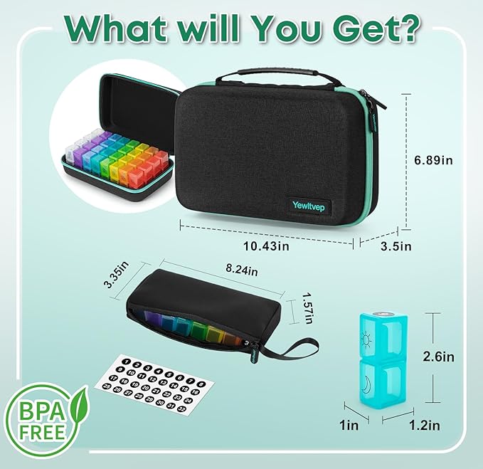 Monthly Pill Organizer 2 Times a Day with Weekly Pill Bag, 30 Day Pill Organizer 2 Times a Day with 32 Compartments, Monthly Stickers, Shoulder Strap, Hard Travel Case Medicine Vitamins Case